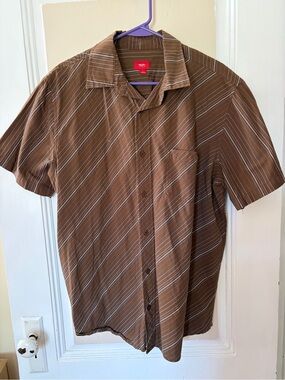 Massimo Brown Short-Sleeve Diagonal Stripe Button-Up Shirt